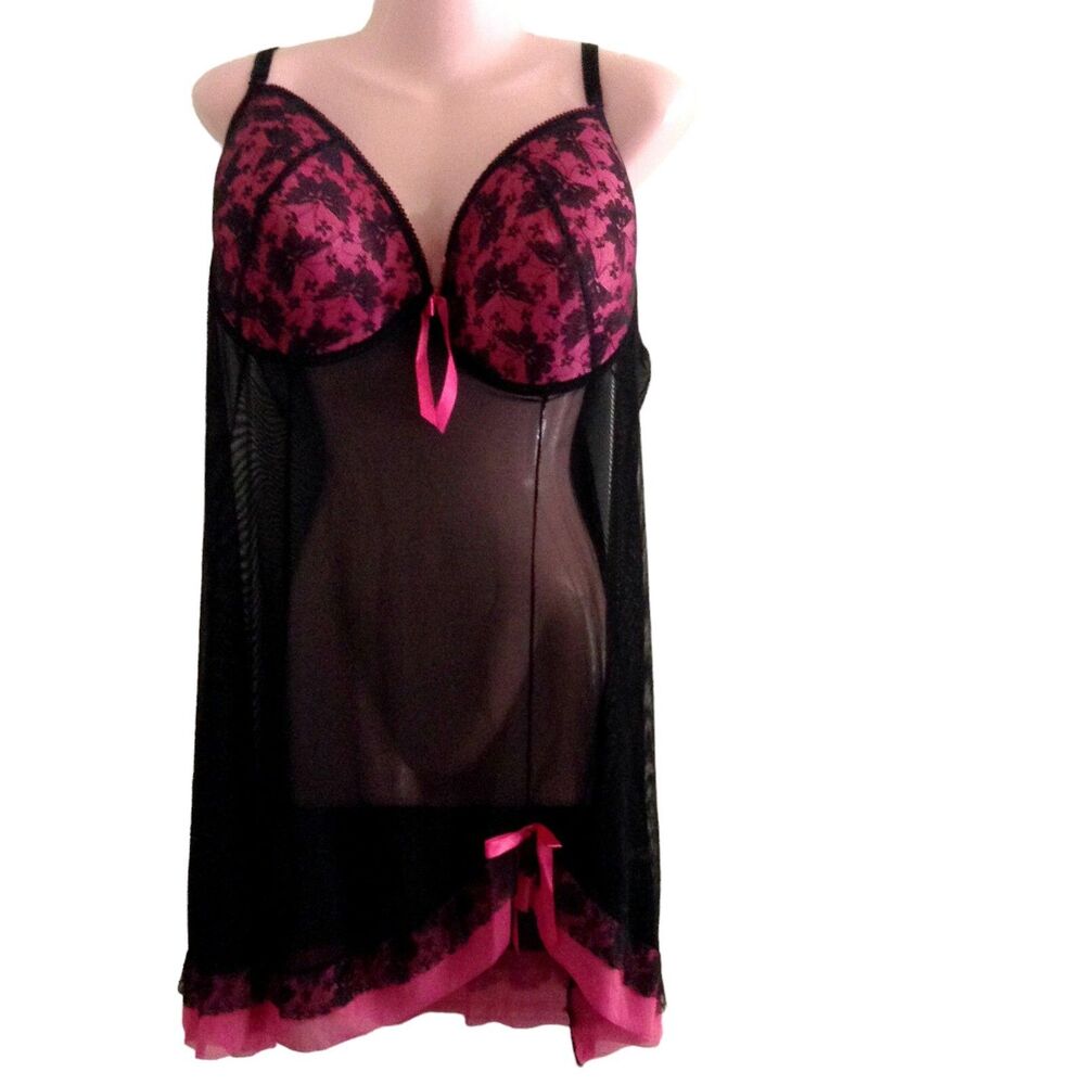 Per Lei Chemise Women's Size 3XL Pink Black Babydoll Built in Bra Sexy Sheer